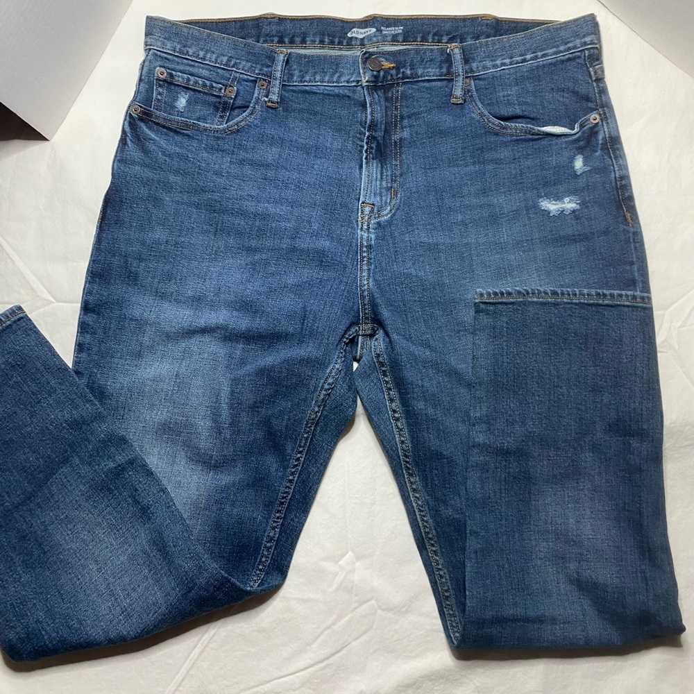 Old Navy Relaxed Slim Fit Built In Flex Distressed Denim Blue Jeans Mens 38x30